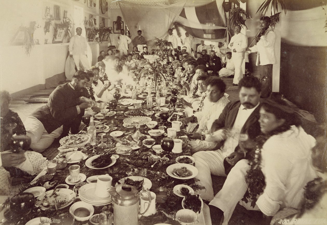 Banquete real en la Casa del Barco del Rey Kalakana, c.1875 de Unbekannt Unbekannt