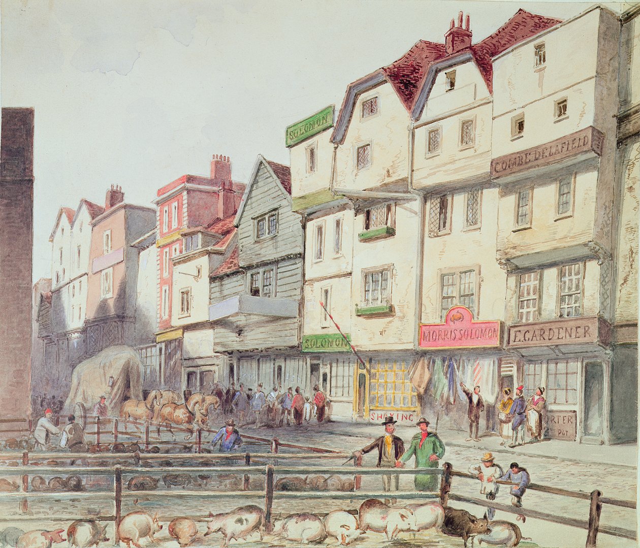 Vista de Long Lane, con cerdos en corrales en parte del mercado de Old Smithfield, 1844 de Unbekannt Unbekannt