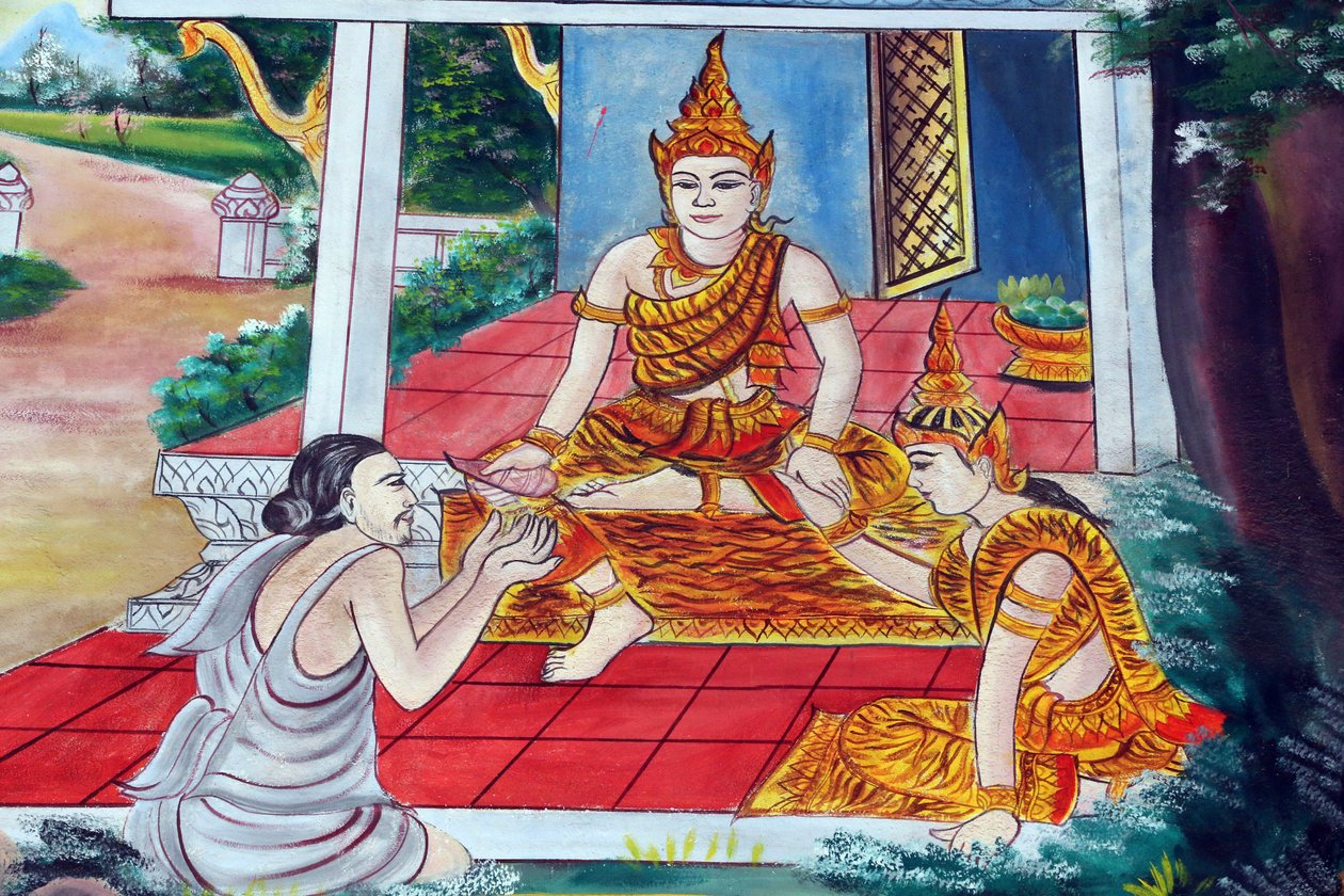 Templo budista Wat Inpeng. Los Cuentos Jataka son narraciones sobre las vidas anteriores del Buda (es decir, antes de que naciera por última vez para convertirse en el Buda), Vientián, Laos de Unbekannt