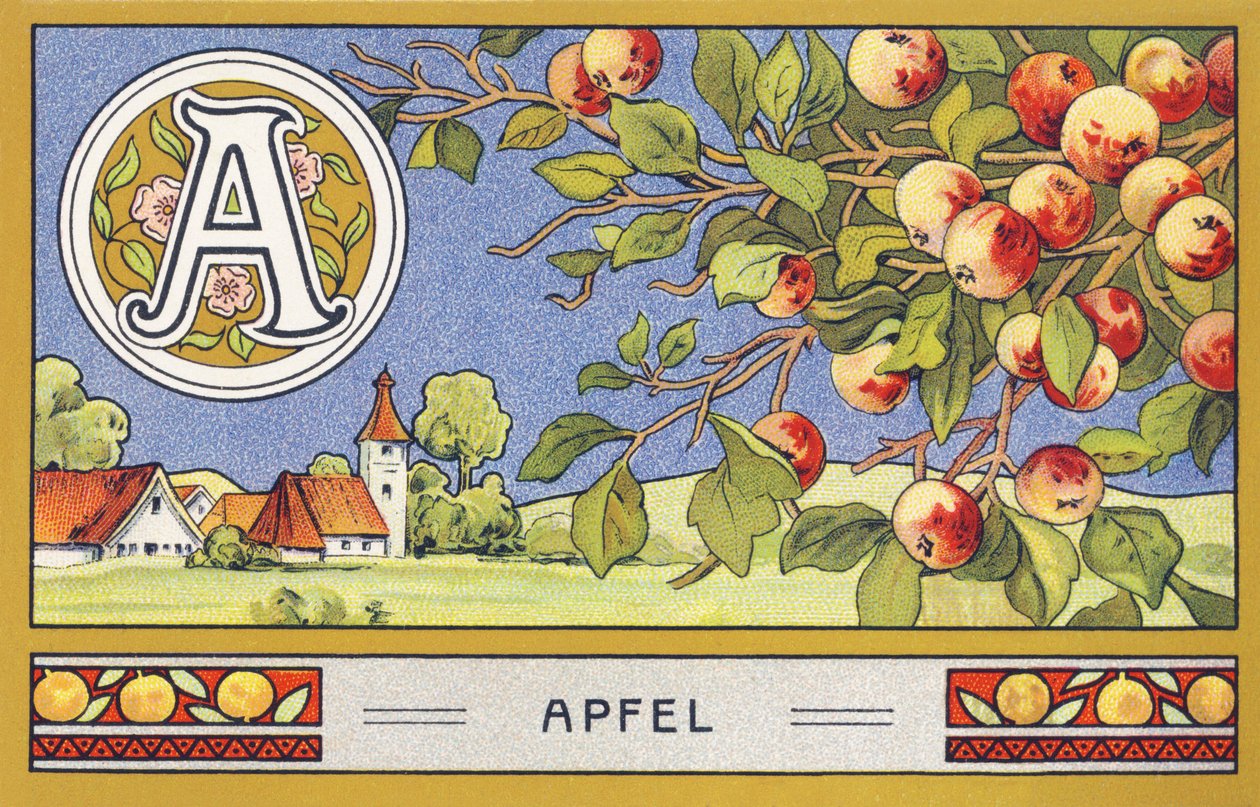 A: Apfel - Alfabeto Palmin. Serie de cromolitografías publicadas por H. Schlinck & Cie, Hamburgo, s.f. . Anuncio de Palmin feinstes Cocosfett. Tamaño : 7 x 11 cm de Unbekannter Künstler
