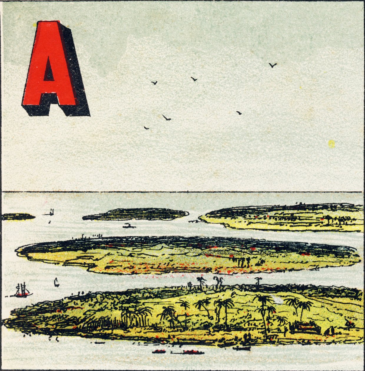 A: Archipiélago. Es un grupo de islas reunidas en un mismo mar - Grabado extraído de Alfabeto geográfico. Guerin-Muller et Cie, editores, París de Unbekannt