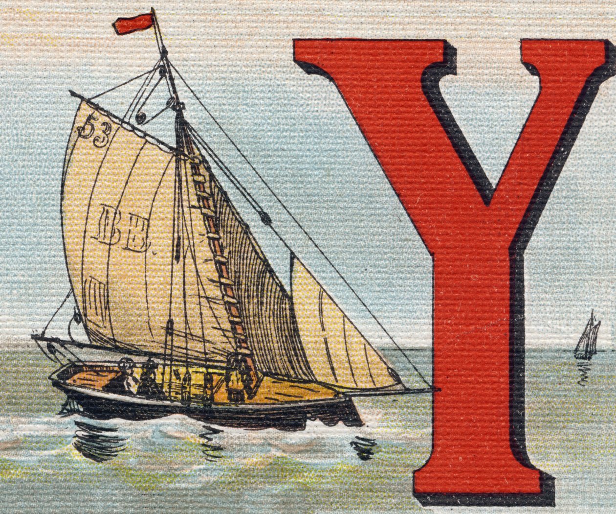 Un yate. Grabado en "Alphabet de ma petite fille". Bernardin-Bechet y Fils, libreros-editores, París, alrededor de 1895. Álbum irrompible sobre lienzo. Bibliothèque des Bébés. 12 páginas. Álbum que contiene un método de lectura y un abecedario ilustrativo. de Unbekannt