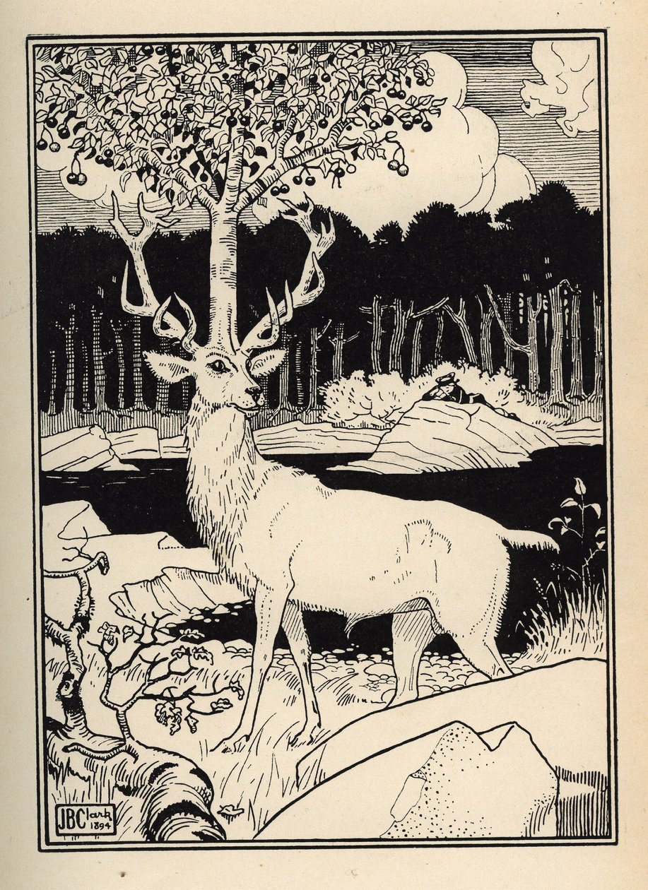 Un cerezo en la cabeza de un ciervo tocado por las piedras de cerezas lanzadas por el Barón de Munchausen. Ilustración de William Strang (1859-1921) y JB Clark de Las aventuras del Barón de Munchausen (Munchhausen) de Rudolf Erich Raspe (1736-1794) de Unbekannt