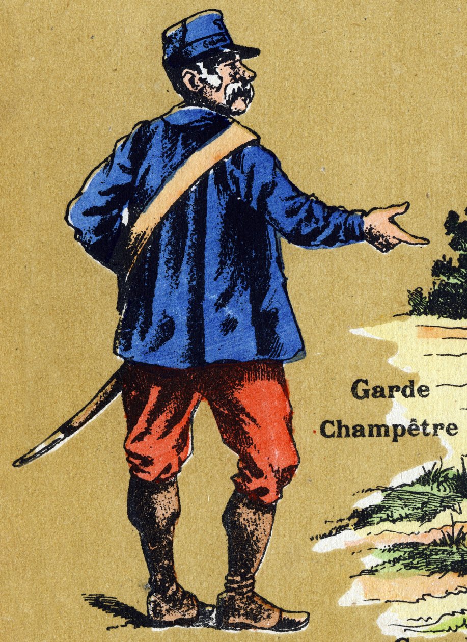 Un guardia rural. Alfabeto ilustrado. Imágenes reunidas en Jarville-Nancy, principios del siglo XX. Dim: 40 x 29 cm. Litografía sobre fondo bistre de Unbekannt