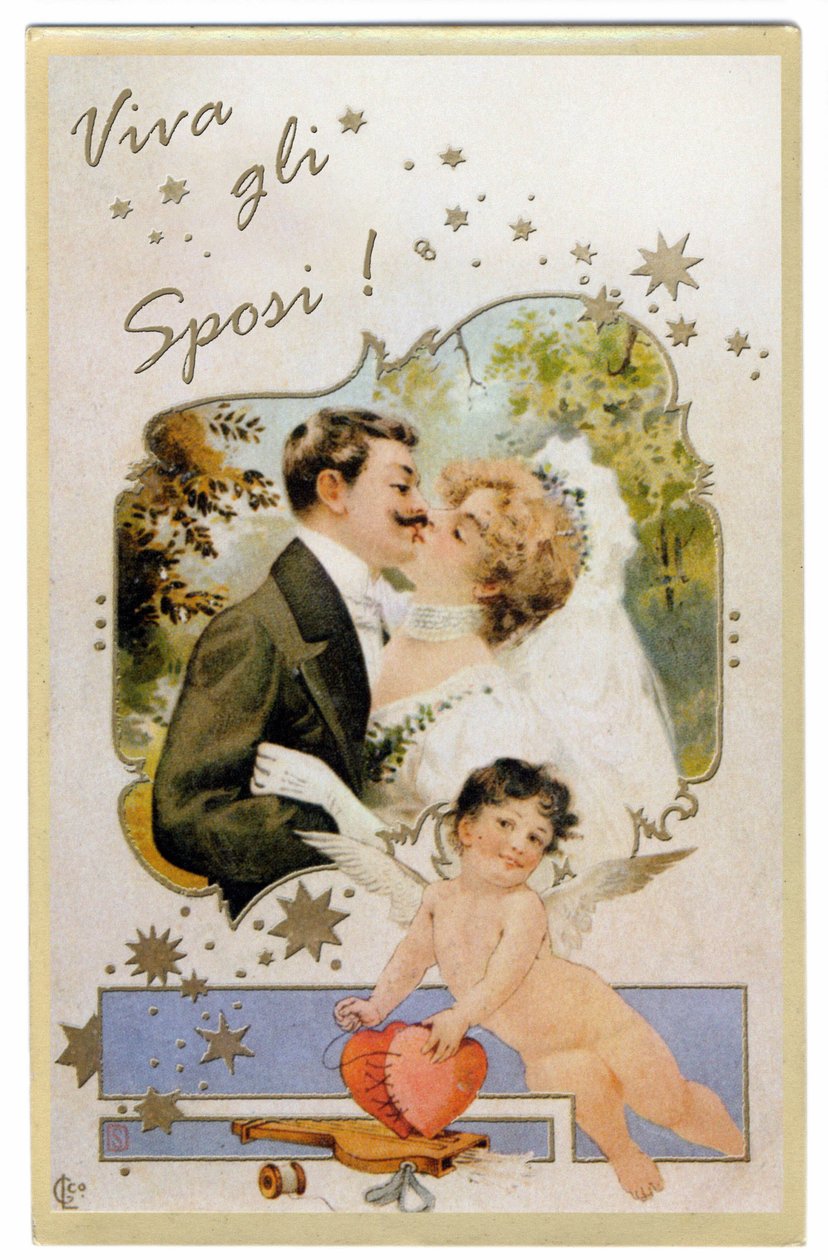 Una pareja de recién casados besándose. "Larga vida a los esposos"" Postal de 1901. de Unbekannter Künstler