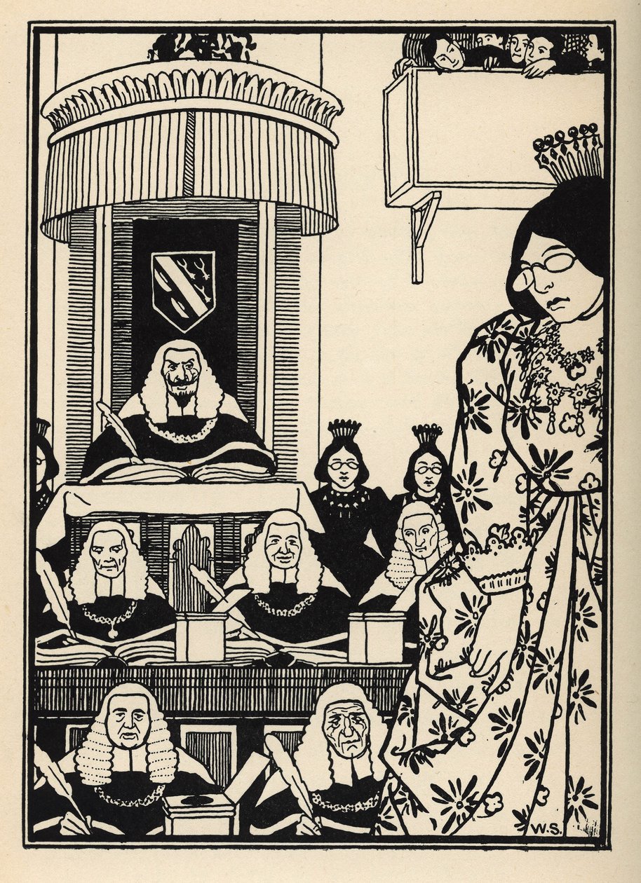 Una corte mayoritariamente femenina aparece al Barón como una ironía digna de mención entre sus aventuras. Ilustración de William Strang (1859-1921) y JB Clark del libro Las aventuras del Barón de Munchausen, de Rudolf Erich Raspe (1736-1794) (1789) de Unbekannt