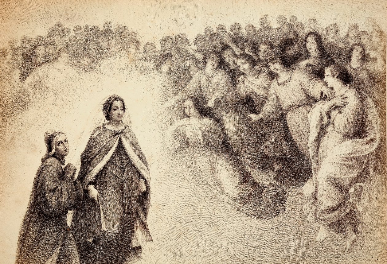 Una bandada de sombras se acerca a Dante y Beatrice. Ilustración del Canto V del Paradiso de La Divina Comedia de Dante Alighieri. Obra de Franceso Scaramuzza dedicada al Ayuntamiento de Florencia. de Unbekannter Künstler