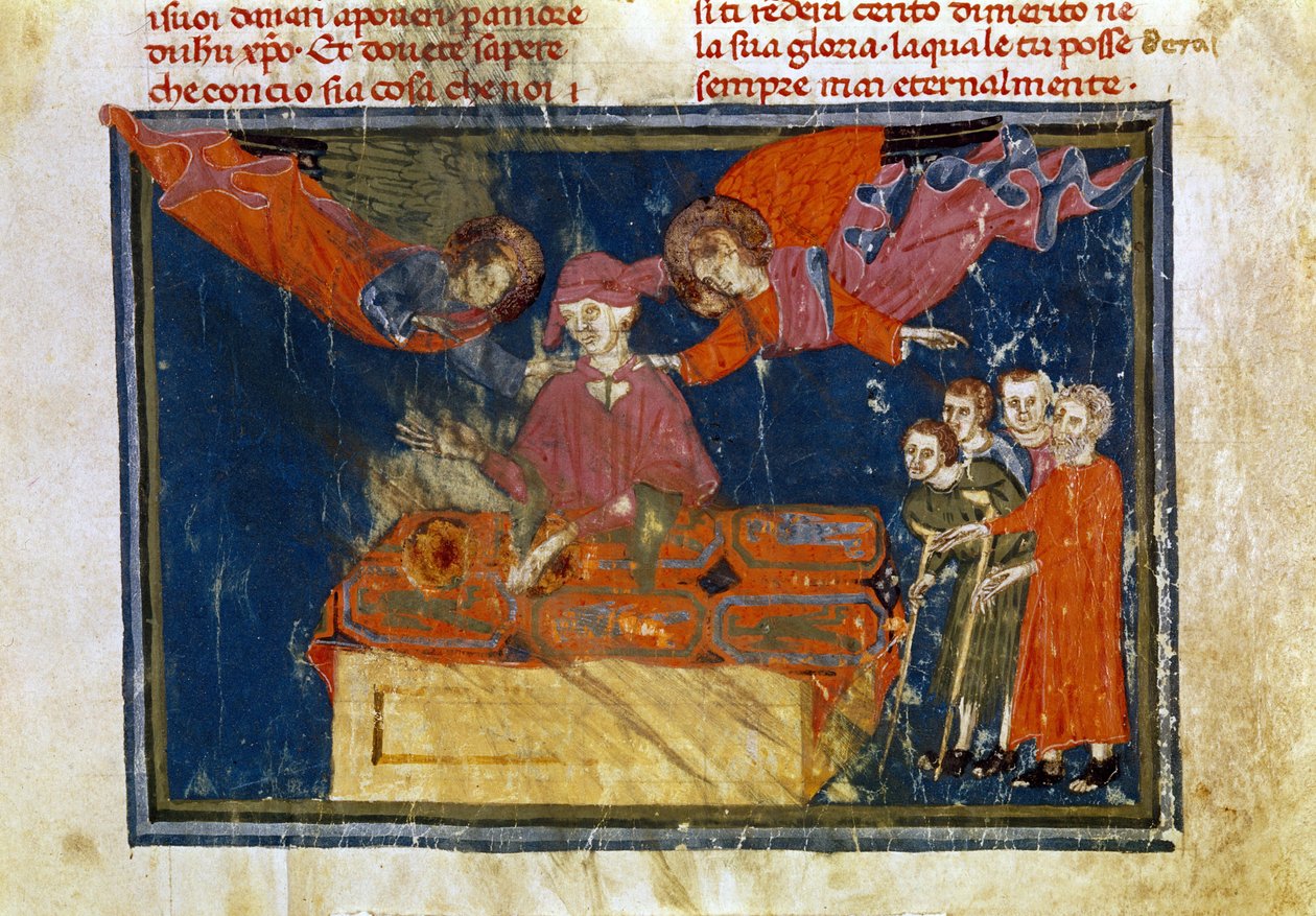 Un grupo de enfermos y un señor haciendo una obra de misericordia al prestarles asistencia. Miniatura extraída de "Las obras de Merciord" (ms. II, VI de Unbekannter Künstler