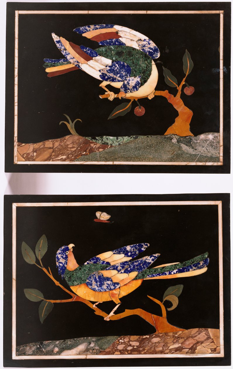 Un par de paneles de pietra dura florentina que representan pájaros de Unbekannt