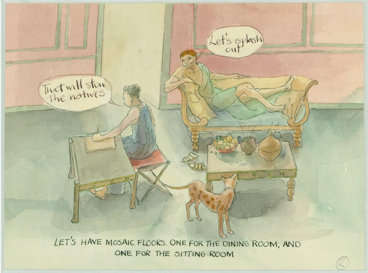 Ilustración de reconstrucción que muestra a dos personajes en su villa recién construida y considerando la posibilidad de añadir un suelo de mosaico, en el libro Marcus and Julia