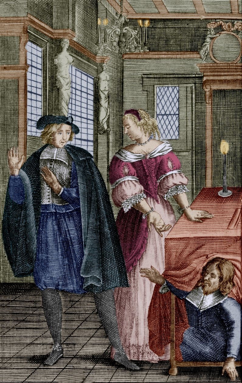 Una escena de la obra "Tartufo" de Moliere (1664) con Orgon (debajo de la mesa), Elmire, su mujer, y Tartufo, grabado de Unbekannter Künstler