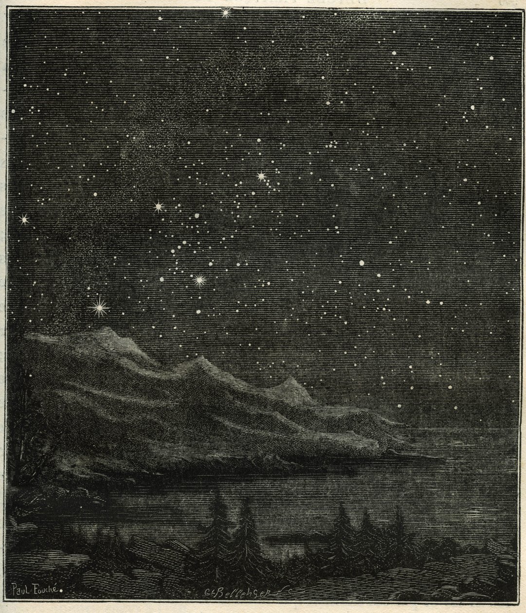 Una noche estrellada perfecta para observar el cielo. Grabado de "Les étoiles et les autres curiosites du ciel" de Camille Flammarion de Unbekannter Künstler