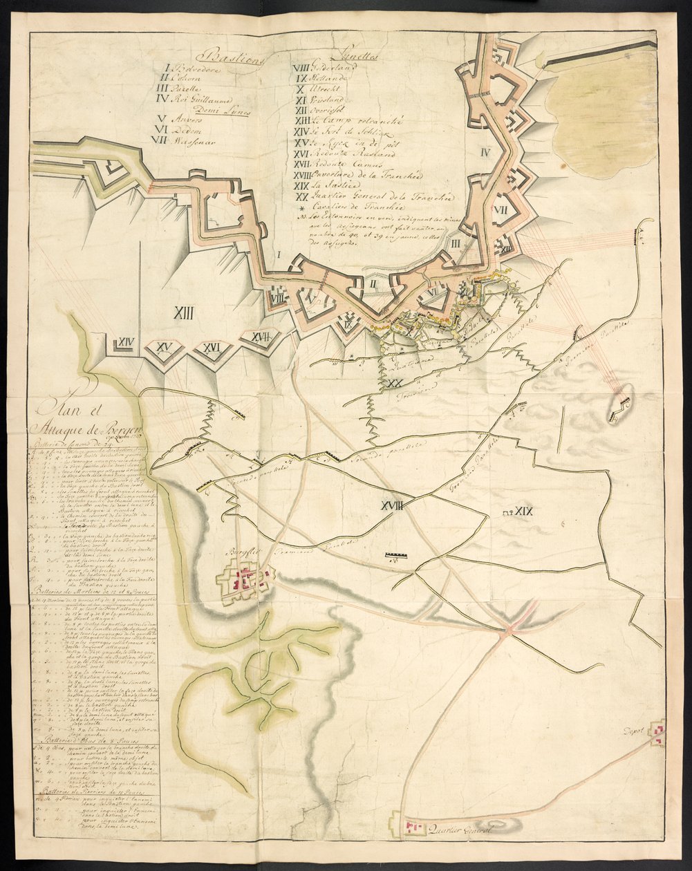 Un plan teñido de las obras de asedio. Diario del sitio de Bergen op Zoom, por los franceses, en 1747; precedido por un relato del estado de la artillería francesa en ese momento. de Unbekannter Künstler