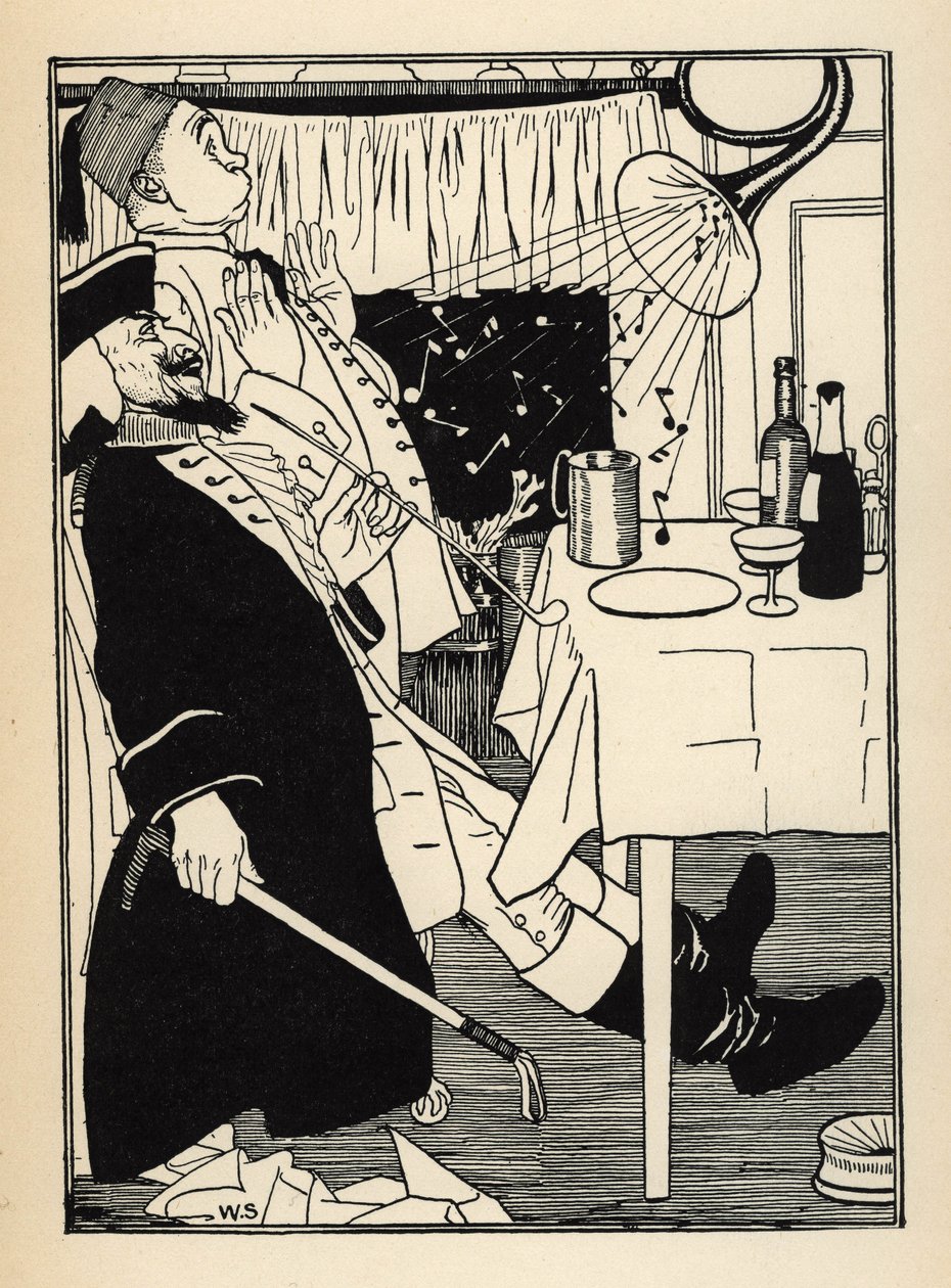 Una trompeta que se había congelado, produce sonidos por sí sola cuando se calienta, para la diversión y asombro de todos. Ilustración de William Strang (1859-1921) y JB Clark de Las aventuras del Barón de Munchausen (Munchhausen) de Rudolf Erich Raspe (17 de Unbekannt