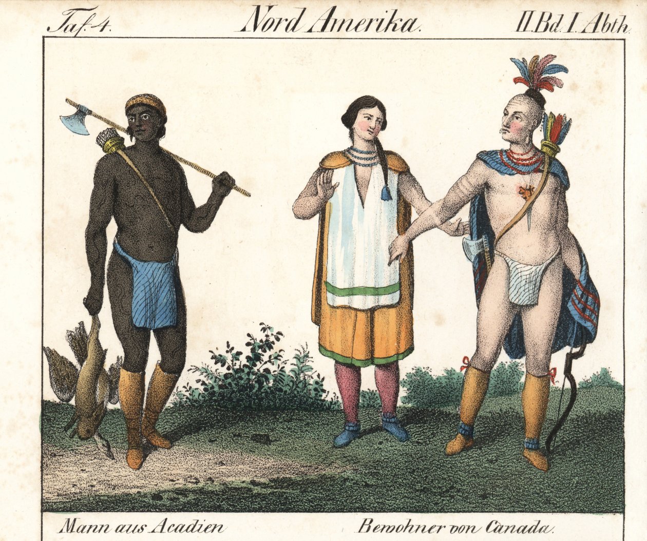 Hombre acadiano con el cuerpo tatuado y una pareja de indios nativos canadienses. Litografía para el libro: "Galerie complete en tableaux fideles des peuples d