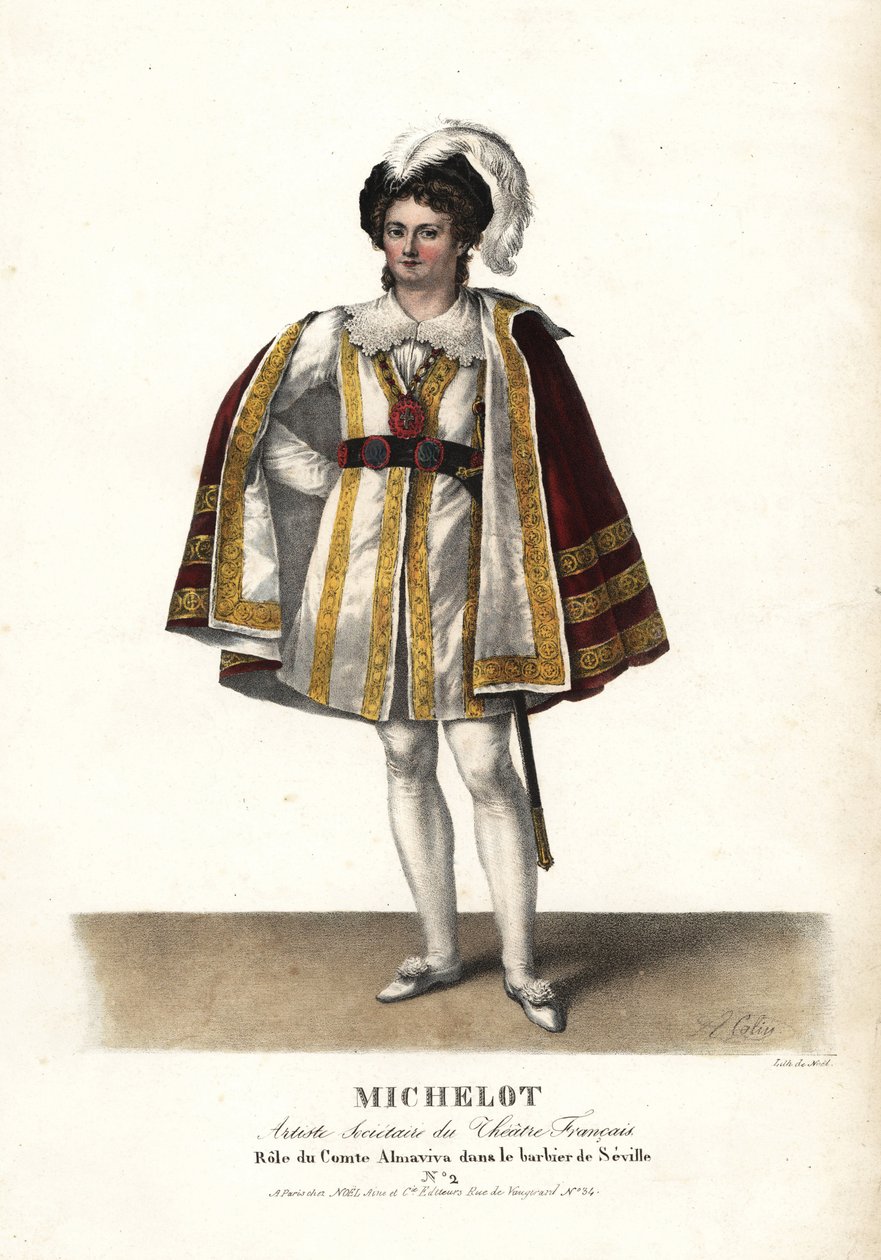 El actor Pierre Marie Nicolas Michelot como el Conde Almaviva en Le Barbier de Seville de Pierre Beaumarchais, Teatro Francés. Litografía coloreada a mano por F. Noel a partir de una ilustración de Alexandre-Marie Colin de Portraits d