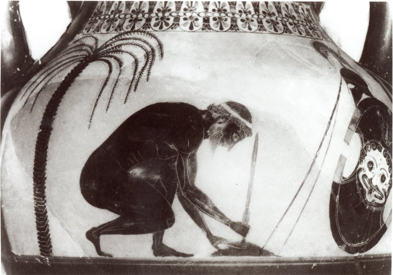 Ajax preparándose para su muerte, ilustración de un vaso krater griego del siglo VI a.C. (grabado) (foto en blanco y negro) de Unbekannt
