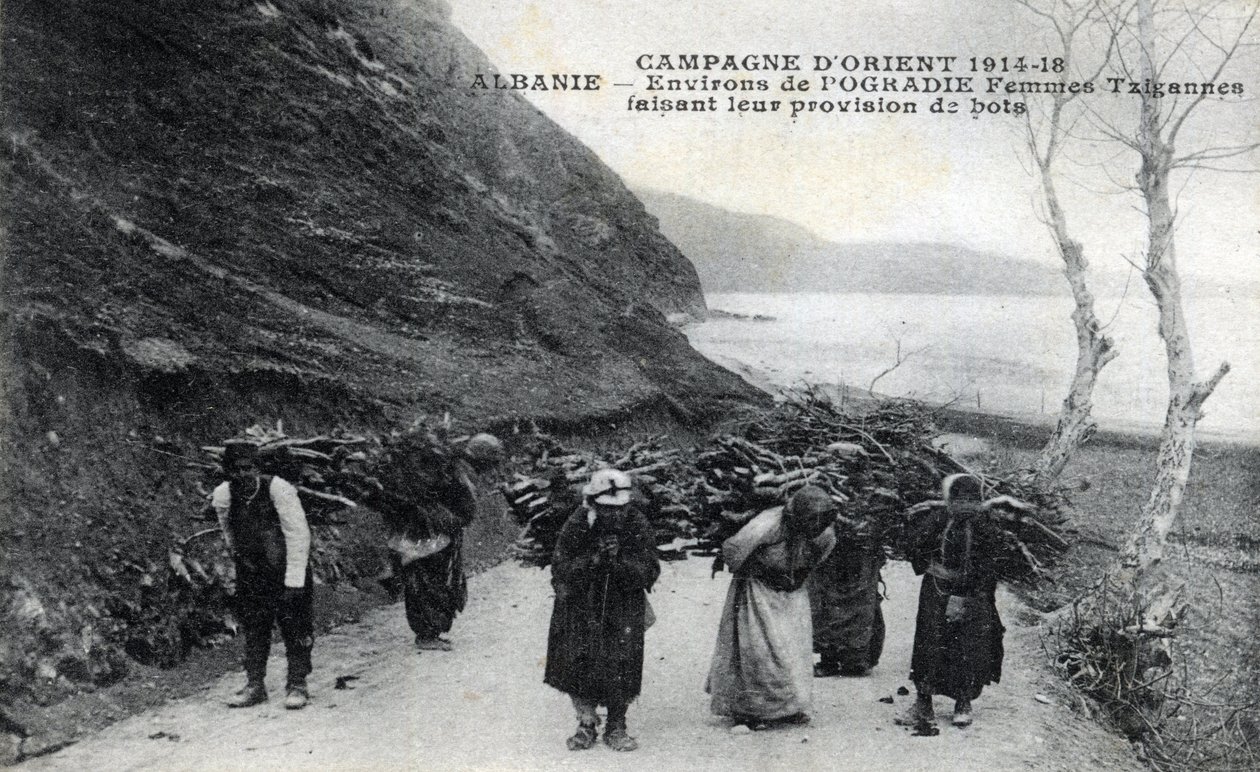 Albania: Mujeres gitanas con haces de madera en sus espaldas de William M. Timlin