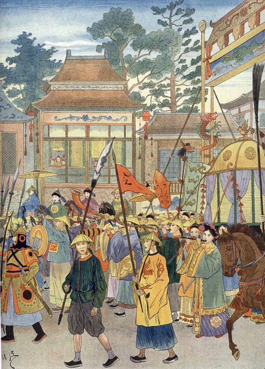 Alegoría del antiguo himno chino: El Emperador en palanquín, hacia 1900 (Ilustración) de Unbekannter Künstler