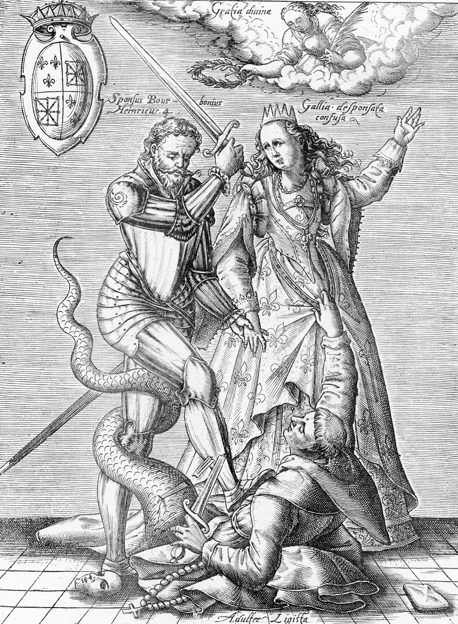 Alegoría de la muerte de la Liga Católica representada como un monje con cuerpo de serpiente asesinado por el rey de Francia Enrique IV y Francia. Finales del siglo XIX (grabado del "Museo-Criminal" de Henri Varennes y Edgar Troimaux) de Unbekannter Künstler