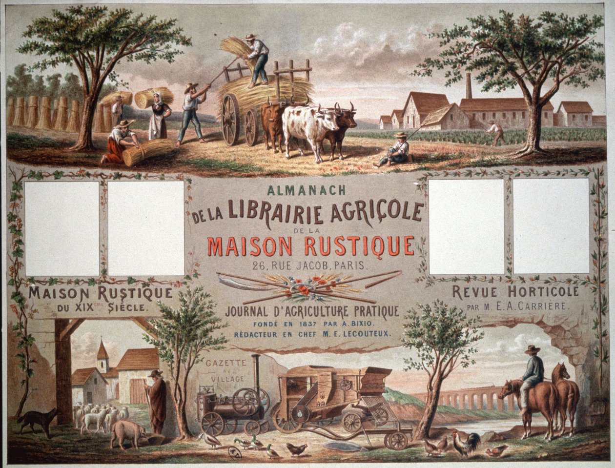 Almanaque que ilustra los métodos agrícolas tradicionales y modernos. c.1870-80 (litografía en color) de Unbekannter Künstler
