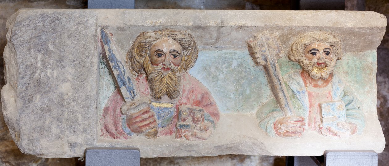 Retablo. piedra policromada. Segunda mitad del siglo XIV. Origen antigua iglesia parroquial de Torre de Rialb. (detalle) Registro inferior. Panel izquierdo. Los evangelistas Pablo y Pedro. de Unbekannt
