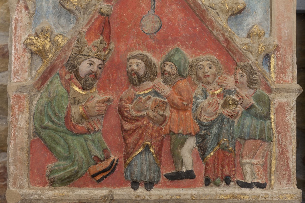 Retablo. piedra policromada. Segunda mitad del siglo XIV. Origen antigua iglesia parroquial de Torre de Rialb. (detalle) Registro medio. Panel izquierdo. Parte superior: los Santos Iscle y Victoria con los oficiales. de Unbekannt