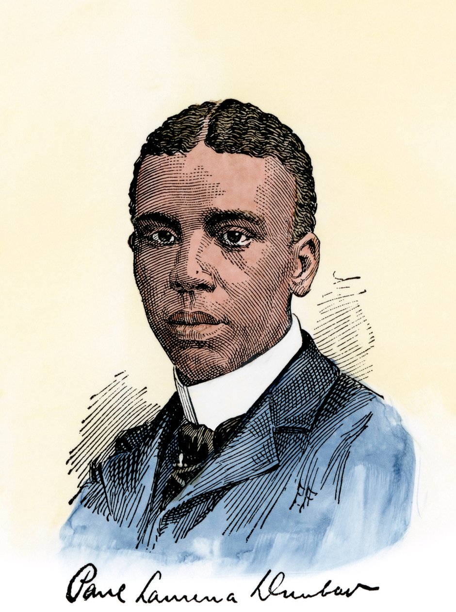 Poeta estadounidense Paul Lawrence Dunbar (1872-1906), con su autógrafo. Xilografía coloreada a mano de una ilustración del siglo XIX. de Unbekannter Künstler
