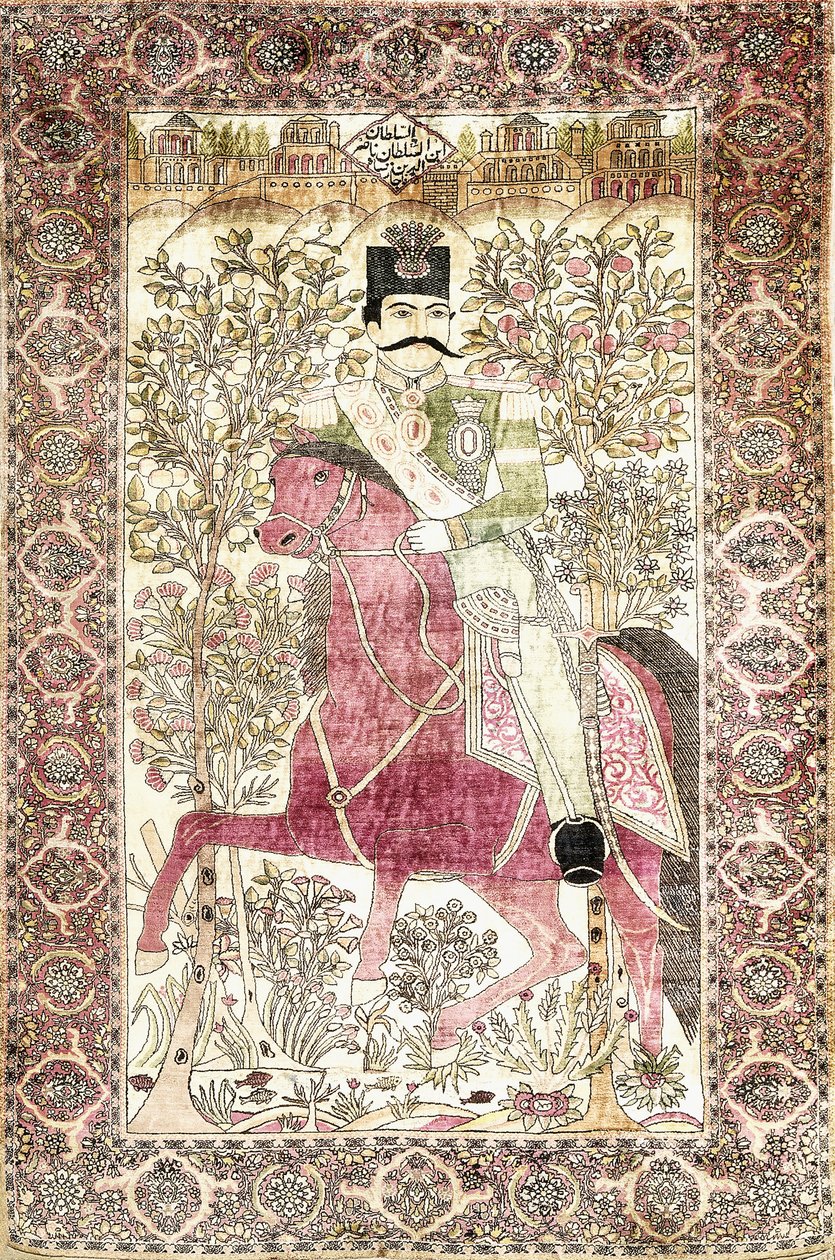 Una alfombra pictórica antigua de seda Kashan "mochtasham", que representa la figura montada de Naser al-Din Shah de Unbekannt