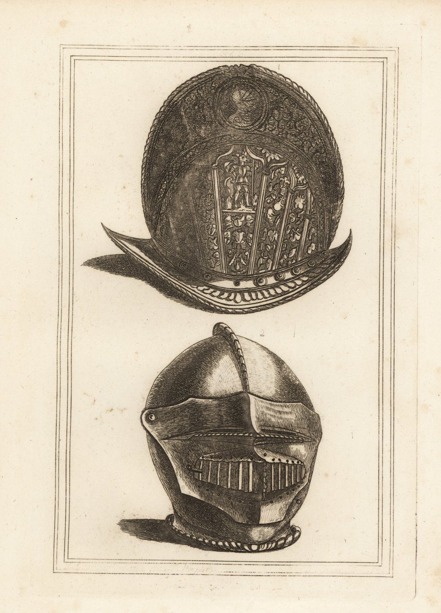 Antiguo casco morrión veneciano ornamentado con trofeos militares, y un casco burgonet con visera y babera unificadas de la Torre de Londres de Unbekannt