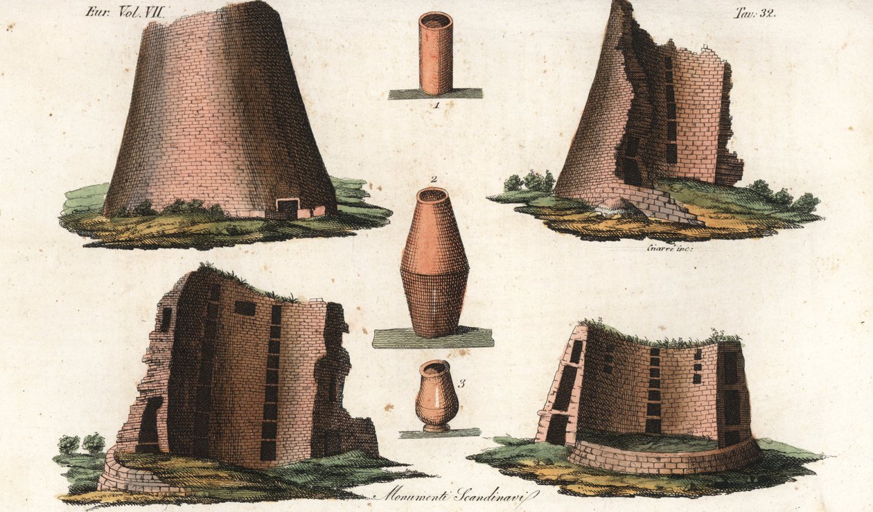 Antiguos monumentos vikingos de una provincia alemana cercana a Escandinavia, y algunas urnas extraídas de tumbas danesas y suecas. Grabado en cobre coloreado a mano de Giarre y Stanghi de la obra de Giulio Ferrario Trajes antiguos y modernos de los pueblo de Unbekannter Künstler