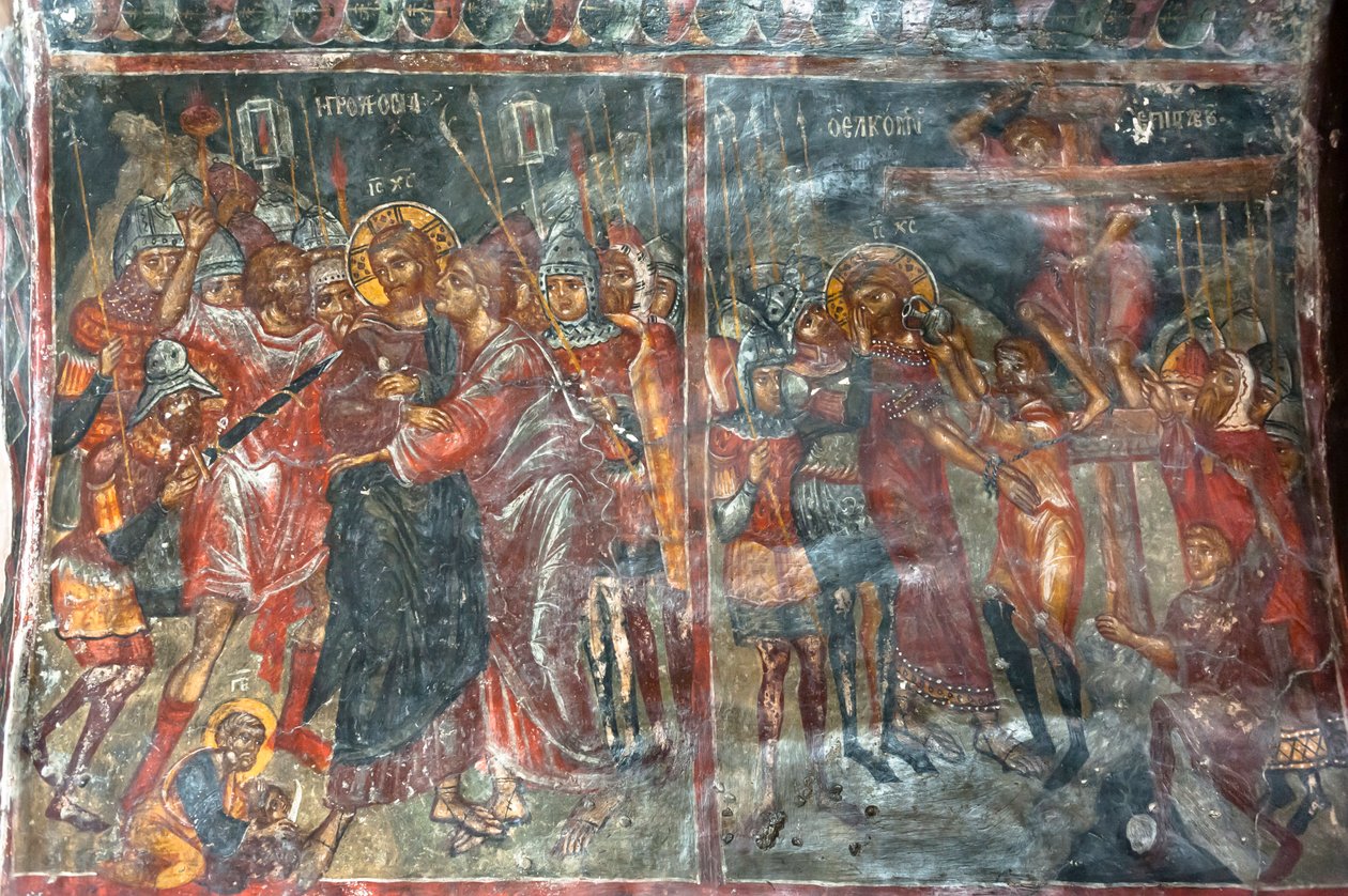 Frescos antiguos; pinturas murales; beso de Judas; Crucifixión de Jesús; Iglesia Panagia y Sotiras; Iglesia ortodoxa griega; Roustika; Creta; Grecia; Europa de Unbekannt
