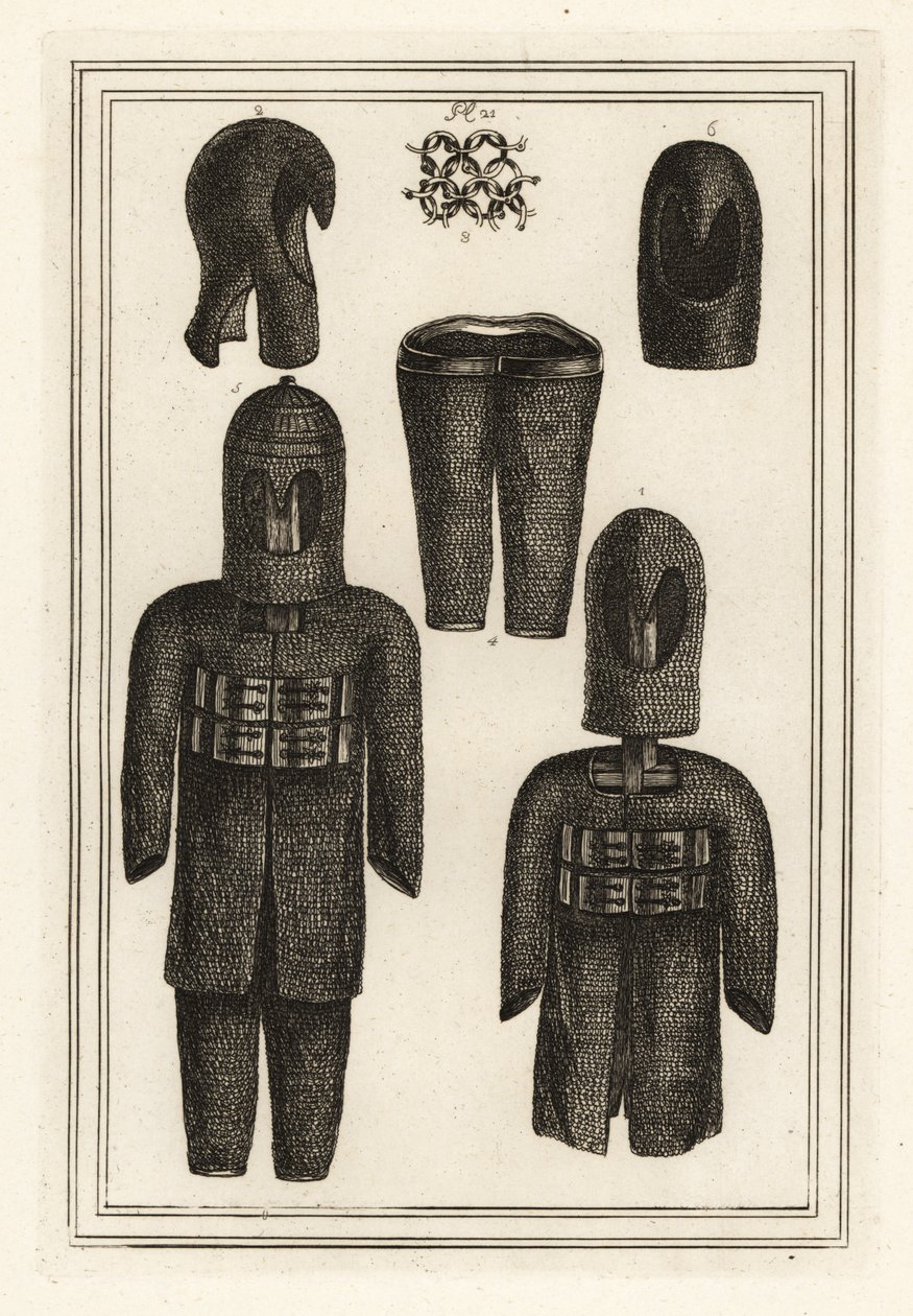 Antiguas armaduras de cota de malla con capuchas, cinturón de lino grueso para los pantalones de Unbekannt