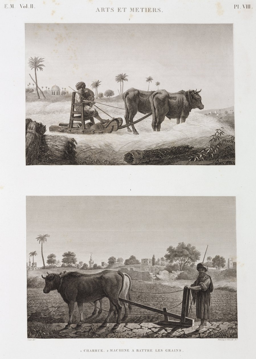 Agricultura arable, arado y máquina de trilla, Egipto, c 1798 de Unbekannt