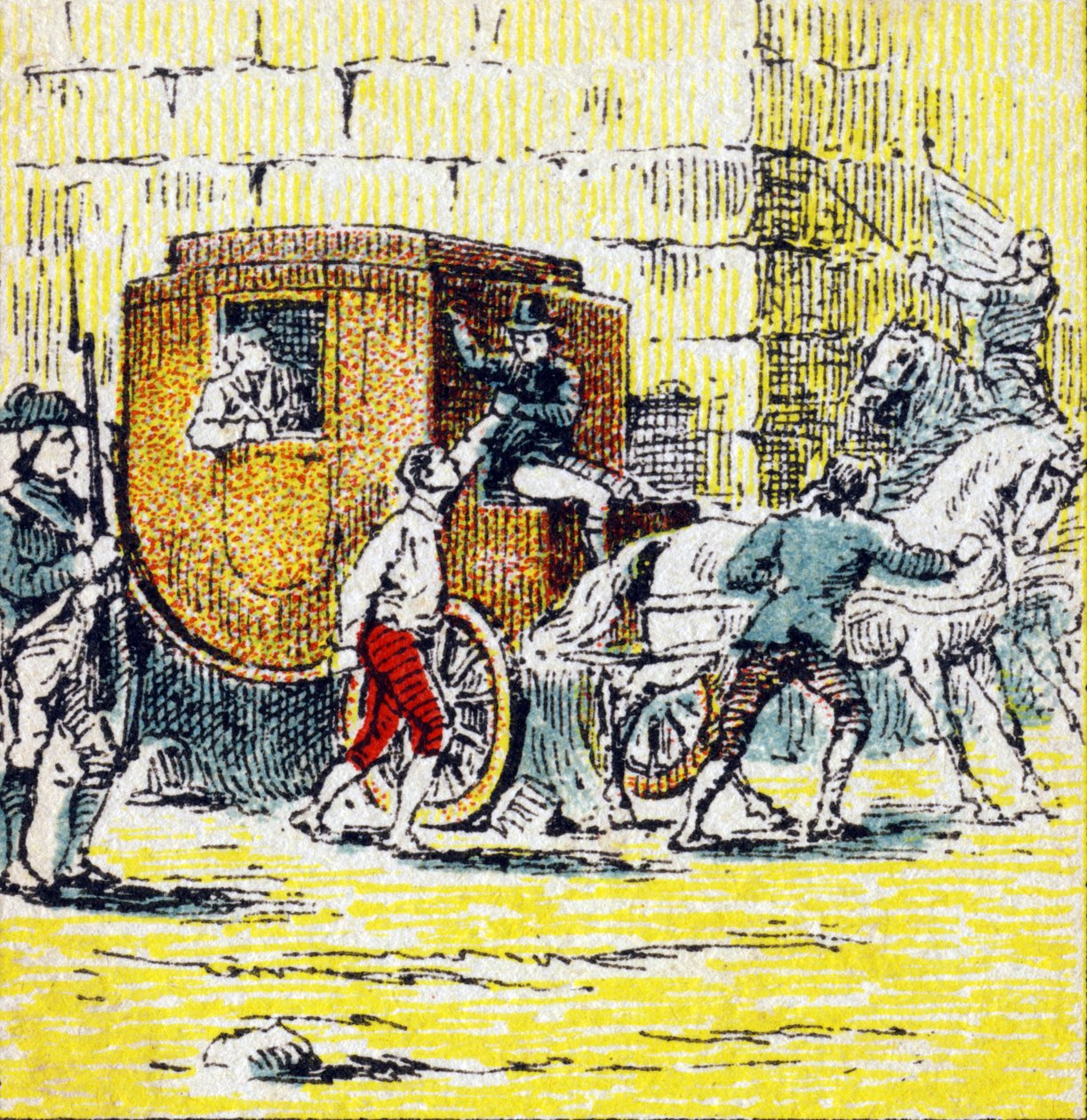 Arresto de Luis XVI y su familia fugitiva en Varennes el 21 de junio de 1791. Grabado en "Histoire de France". Serie de imágenes publicitarias publicadas en nombre de Louit, 24 rue d