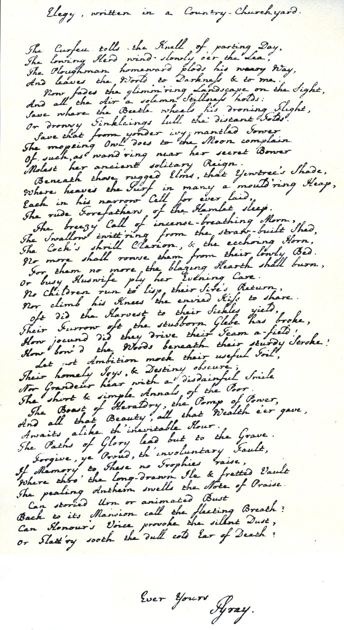 Copia autógrafa en la escritura del poeta, Thomas Gray, de su poema 