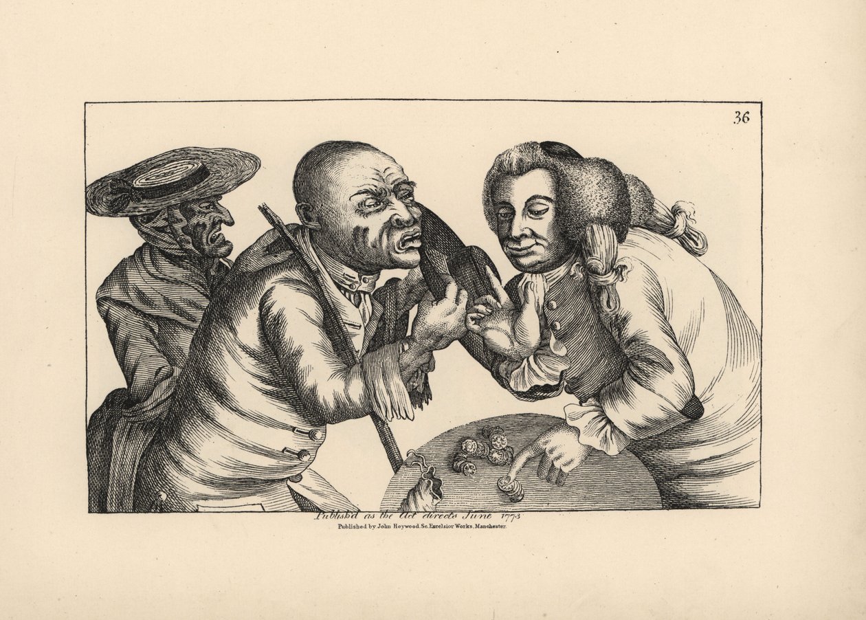 Toby en bancarrota y su esposa Doxy pidiendo queso y cerveza en una taberna. Grabado al cobre de Thomas Sanders a partir de una ilustración satírica de Timothy Bobbin (John Collier) (1708-1786) de Human Passions Delineated, John Haywood, Manchester. de Unbekannter Künstler