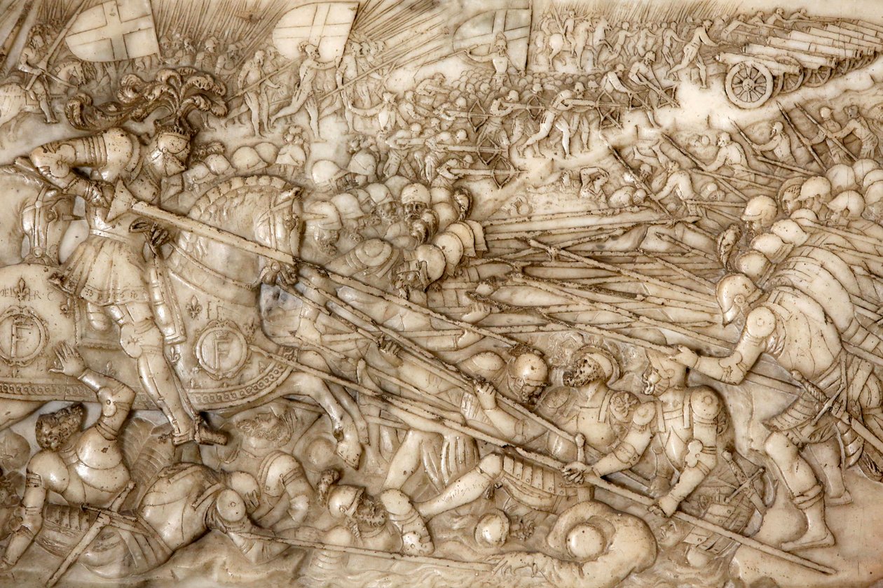 Basílica de San Denis, tumba de Francisco I, rey de Francia y Claudia de Francia, bajo relieve de la fundación, representación de la batalla de Marignano en 1515 - la intervención victoriosa de Francisco I, Saint-Denis, Francia de Unbekannt