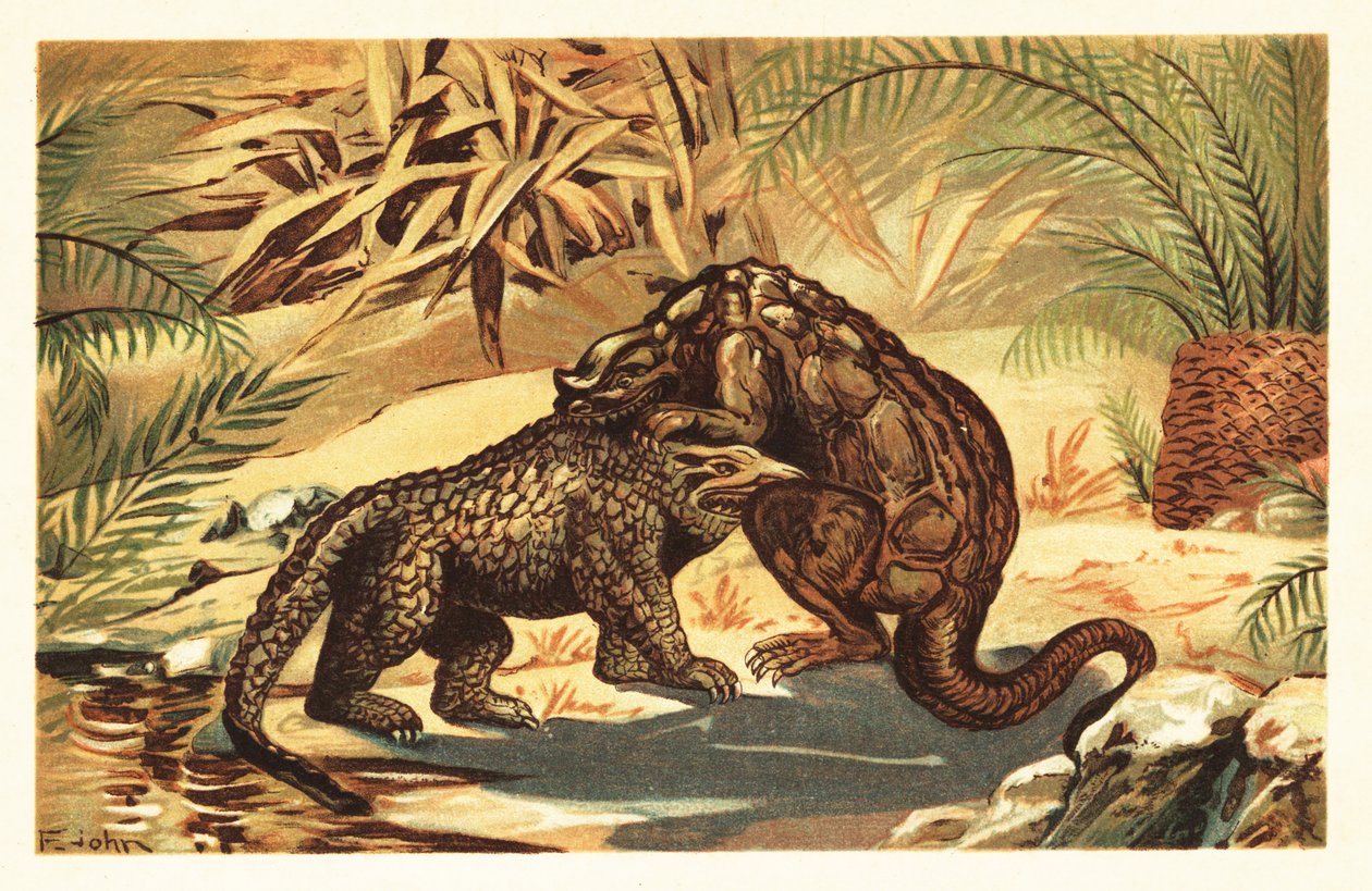 Batalla entre un Megalosaurus bucklandii y un Iguanodon bernissar1908 (litografía) de Unbekannter Künstler