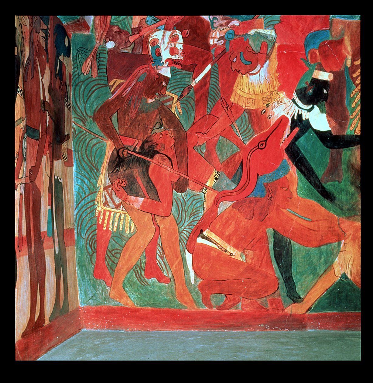 Escena de batalla representada en la sala 2 del Templo Pintado de Bonampak, maya, periodo clásico tardío, c.800 (pintura mural) de Unbekannter Künstler