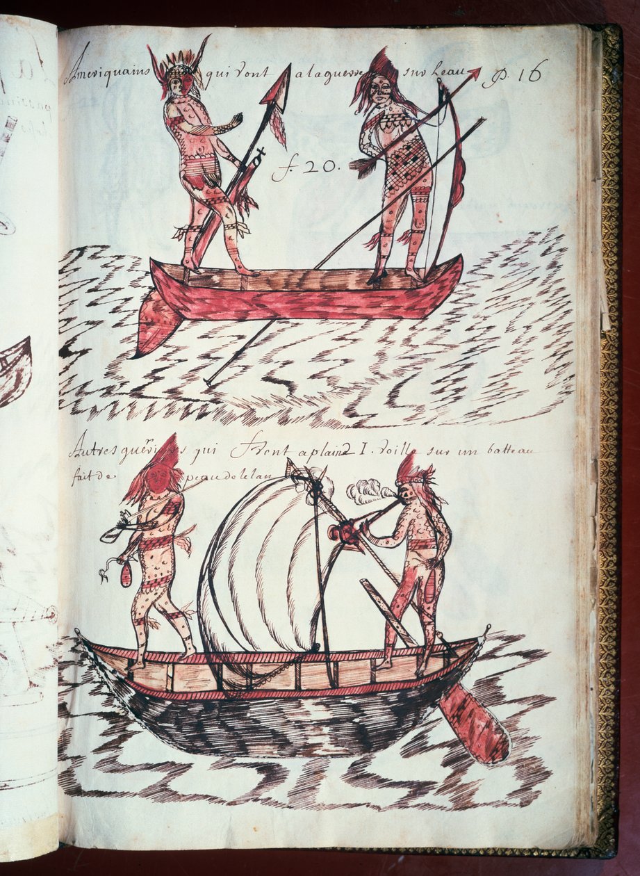 Botes de indios, página del Códice Canadensis (1664-1675), manuscrito en pergamino por Louis Nicolas, Francia de William M. Timlin