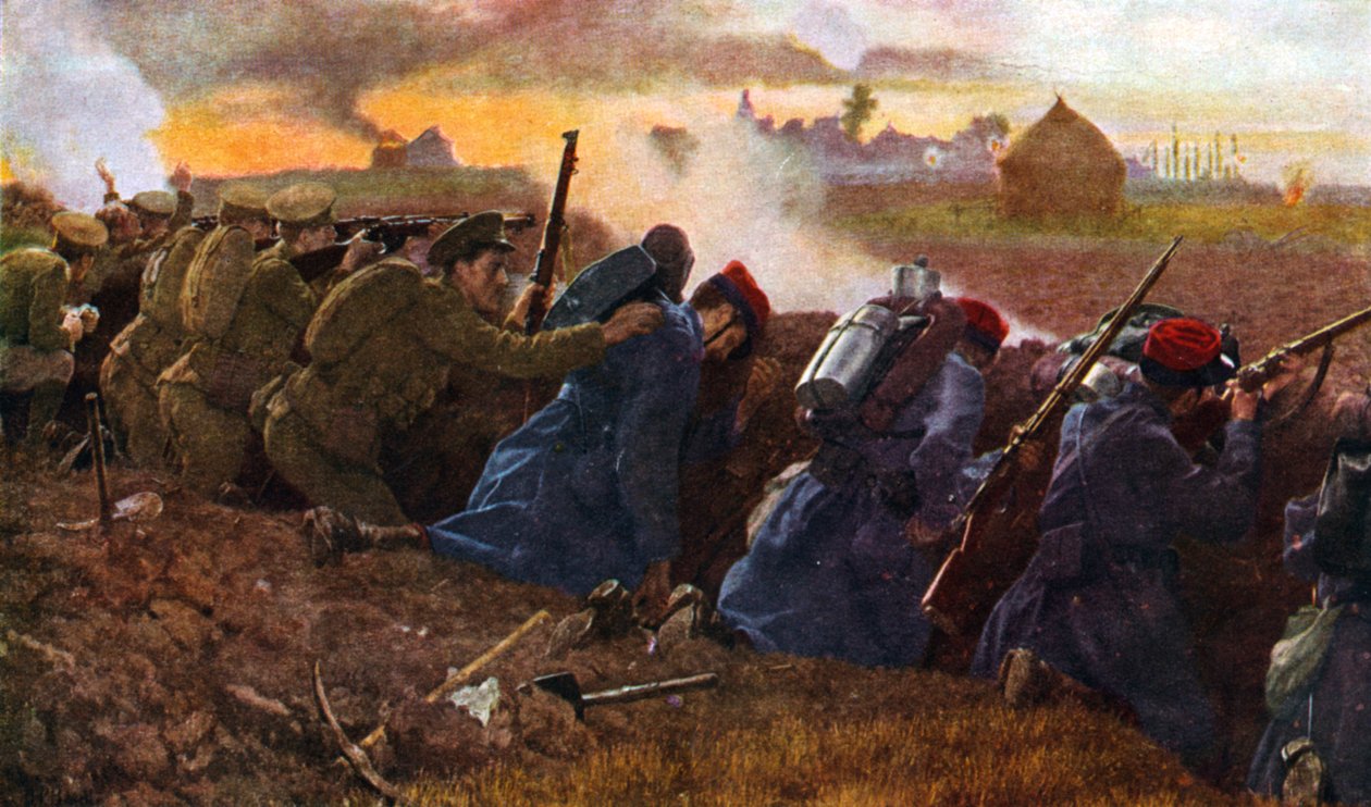 Tropas británicas luchan con las francesas para detener la primera embestida alemana, otoño de 1914 de Unbekannter Künstler