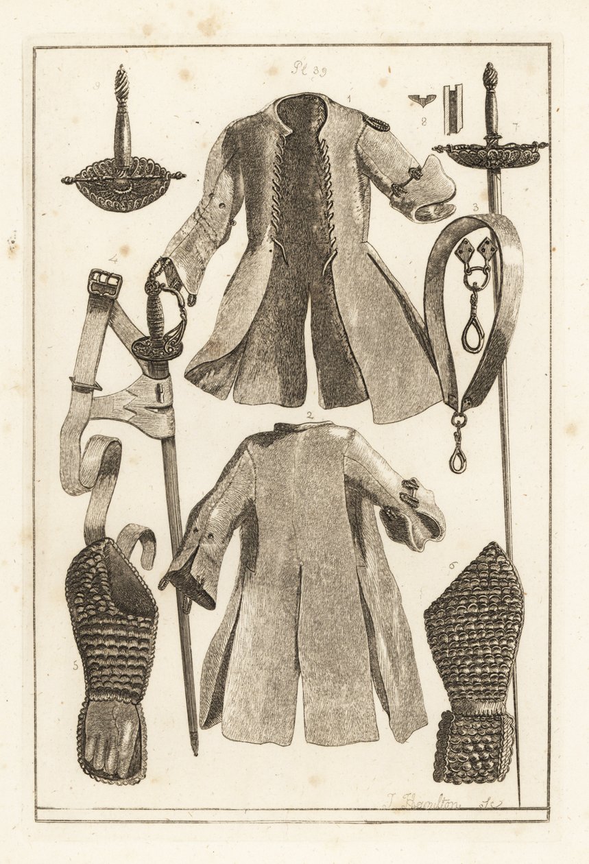 Chaqueta de cuero, cinturón de cuero, empuñadura de espada de plata dorada, pieza de brazo y guante de cuero, espada de Toledo, hoja y vaina, y empuñadura de Unbekannt