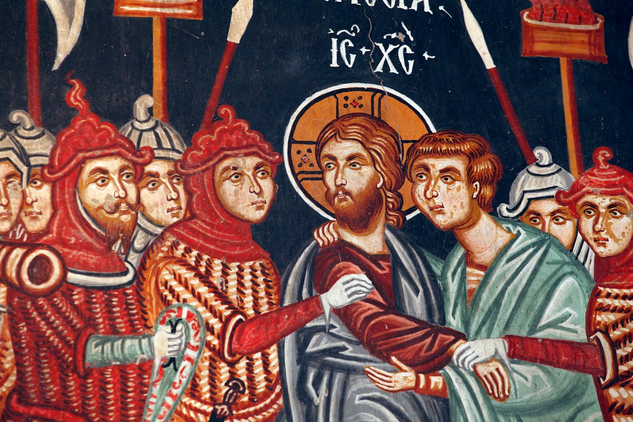Fresco bizantino del siglo XV: La traición de Judas y el arresto de Jesús Iglesia del Arcángel Miguel en Pedoulas, Chipre Iglesias pintadas sitio UNESCO Troodos, Chipre de Unbekannt