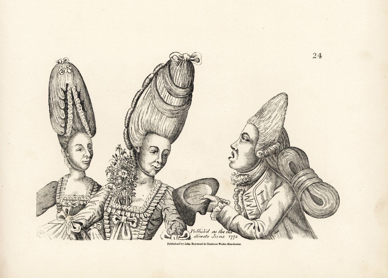 Caricatura de las modas de finales del siglo XVIII: mujer con peluca alta y jardín de flores en el pecho, y macarrón con peluca alta y extravagante masa de pelo atada a la espalda. Grabado al cobre según una ilustración satírica de Timothy Bobbin (John de Unbekannter Künstler