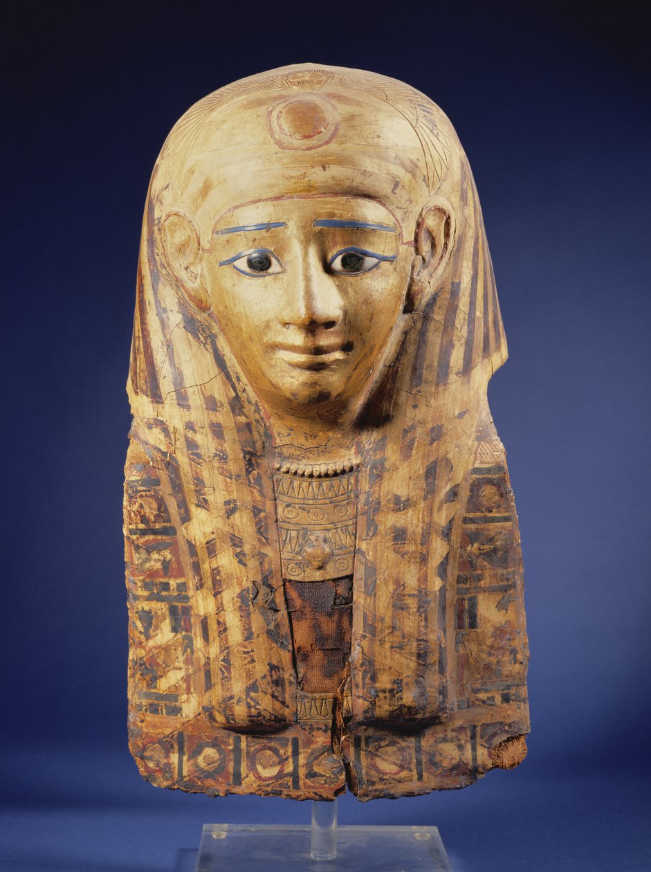 Cartonaje de tocado de momia con peluca de lóbulo, los ojos incrustados con obsidiana y alabastro, egipcio, Período Tardío (644-332 a.C.) de Unbekannt