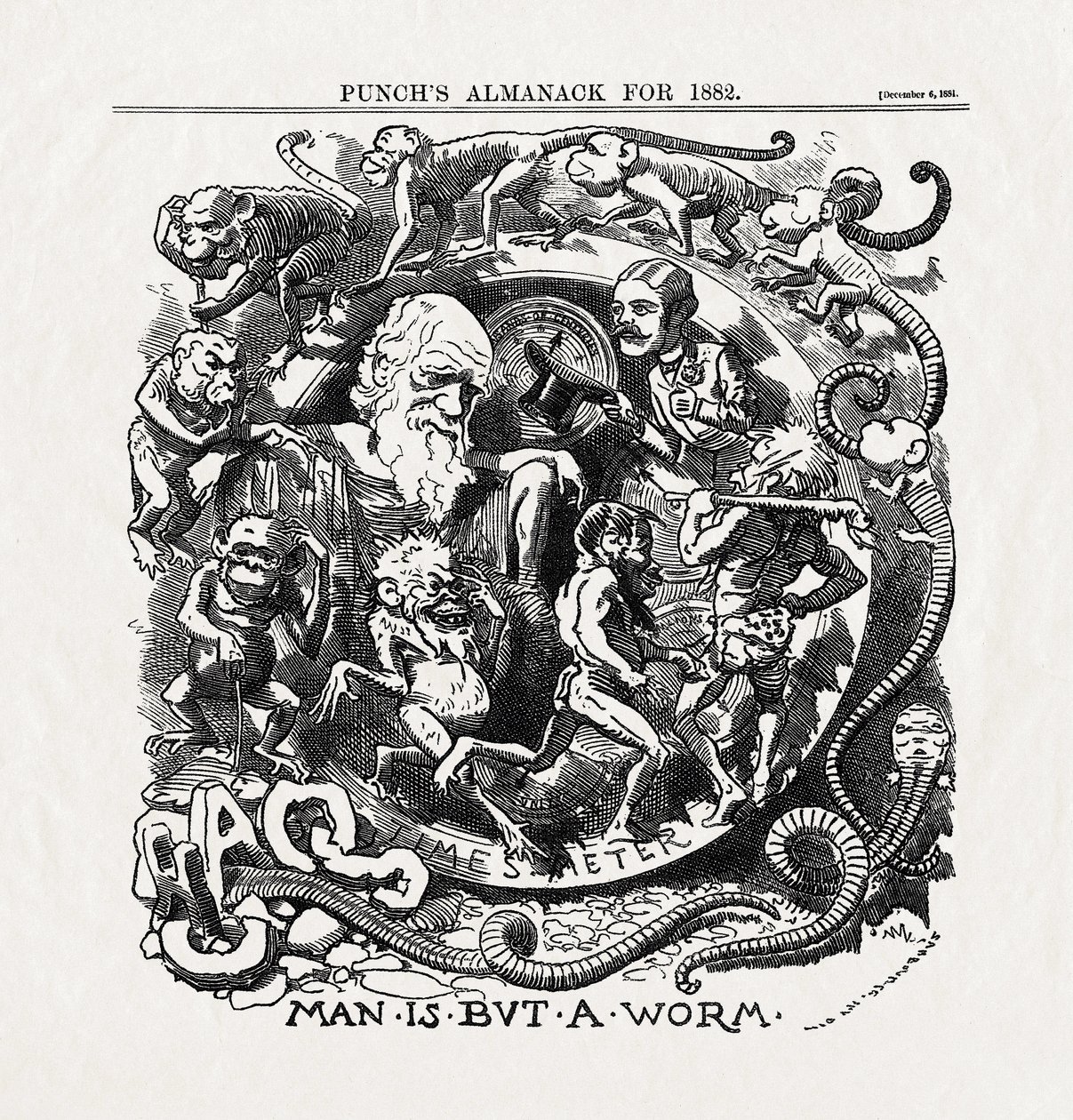 Viñeta sobre la teoría de la evolución de Charles Darwin (1809-1882): "Man is but a worm" (El hombre no es más que un gusano) de "Punch" 06/12/1881 de Unbekannter Künstler