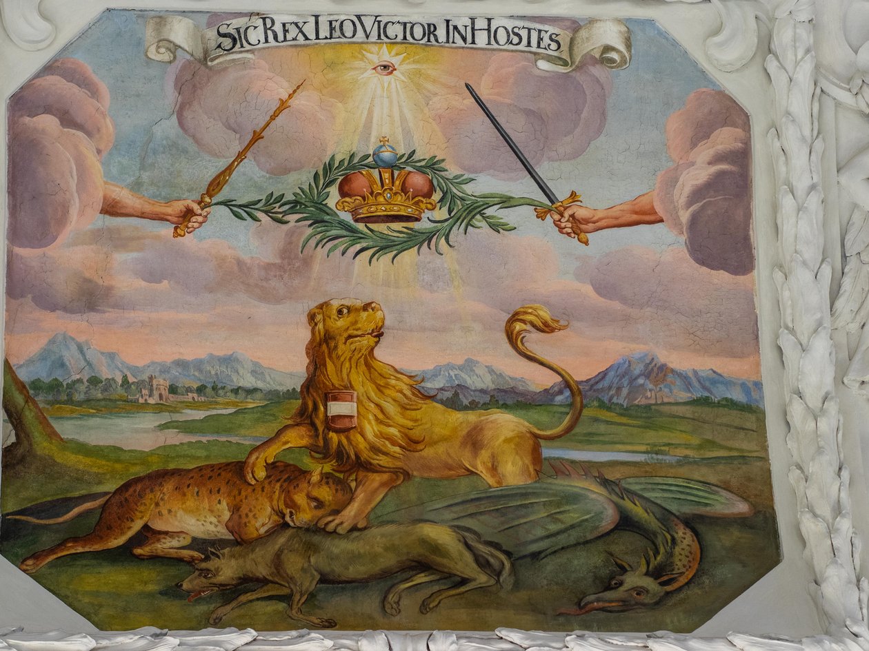 Fresco del techo de la nave de la iglesia de Santa Catalina, representaciones alegóricas de las victorias del emperador Leopoldo I sobre los otomanos, Mausoleo de los Habsburgo, Graz, Estiria, Austria, Europa (foto) de Unbekannter Künstler