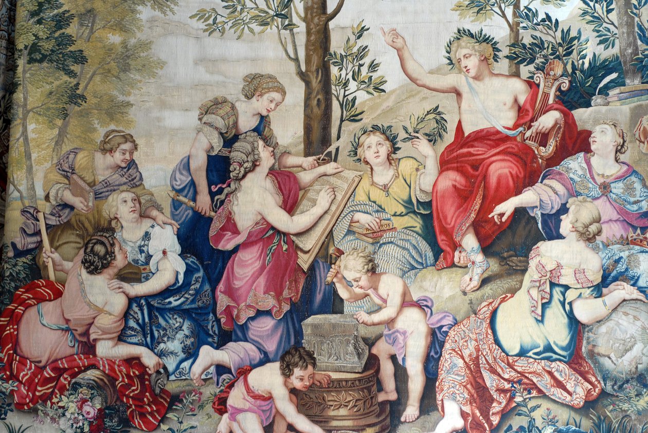 Castillo de Fontainebleau: detalle, pañería tejida para Luis XIV en la fábrica de Gobelinos a partir de 1687 según las grandes pinturas de Pierre Mignard en el castillo de Saint Cloud para Monsieur Philippe Duc d