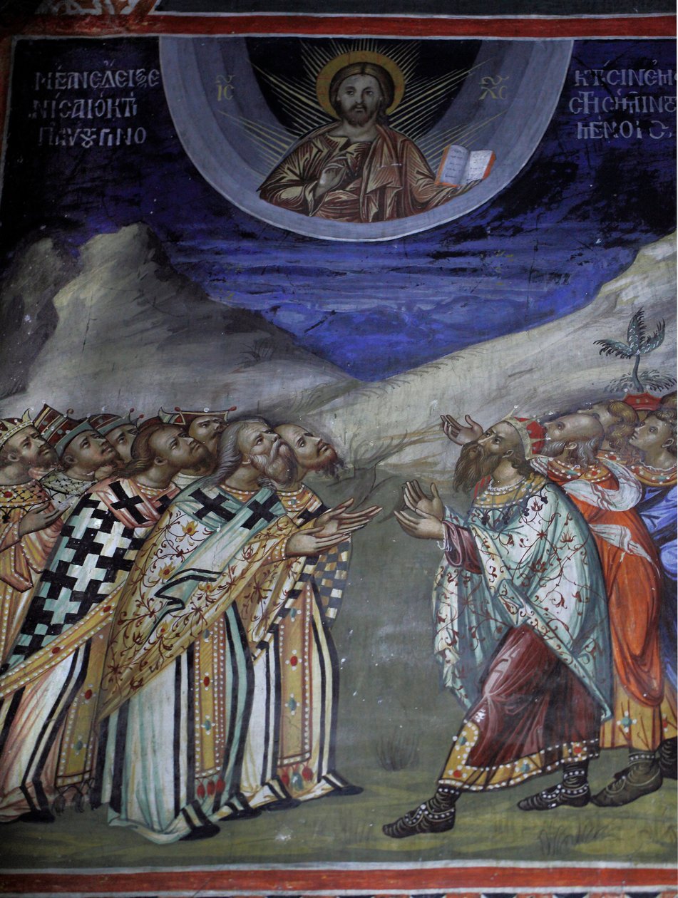 Cristo en gloria controlando las fuerzas temporales y espirituales. Fresco bizantino del monasterio Agios Ioannis Lampadistis, San Juan Lampadistis siglo XI Chipre Iglesias pintadas sitio UNESCO Troodos, Chipre de William M. Timlin